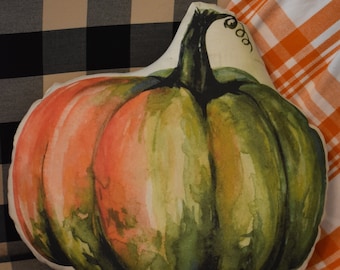 Fall Harvest garden autumn BIG green orange two tone pumpkin gourd throw display realistic pillow gourd porch accent rocker bench decor