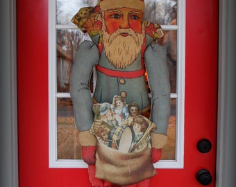 Vintage Santa Claus huge door wreath hanging doll throw pillow porch chair sitter featured in magazines blue belsnickle Christmas