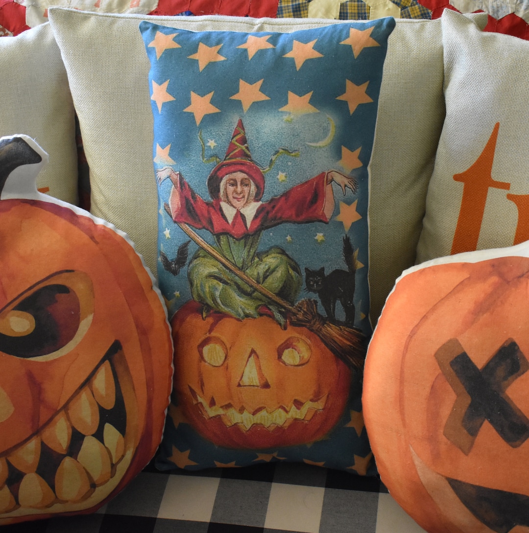 Halloween Witch Stars Black Cat Bats Jack O Lantern Pumpkin Pillow ...