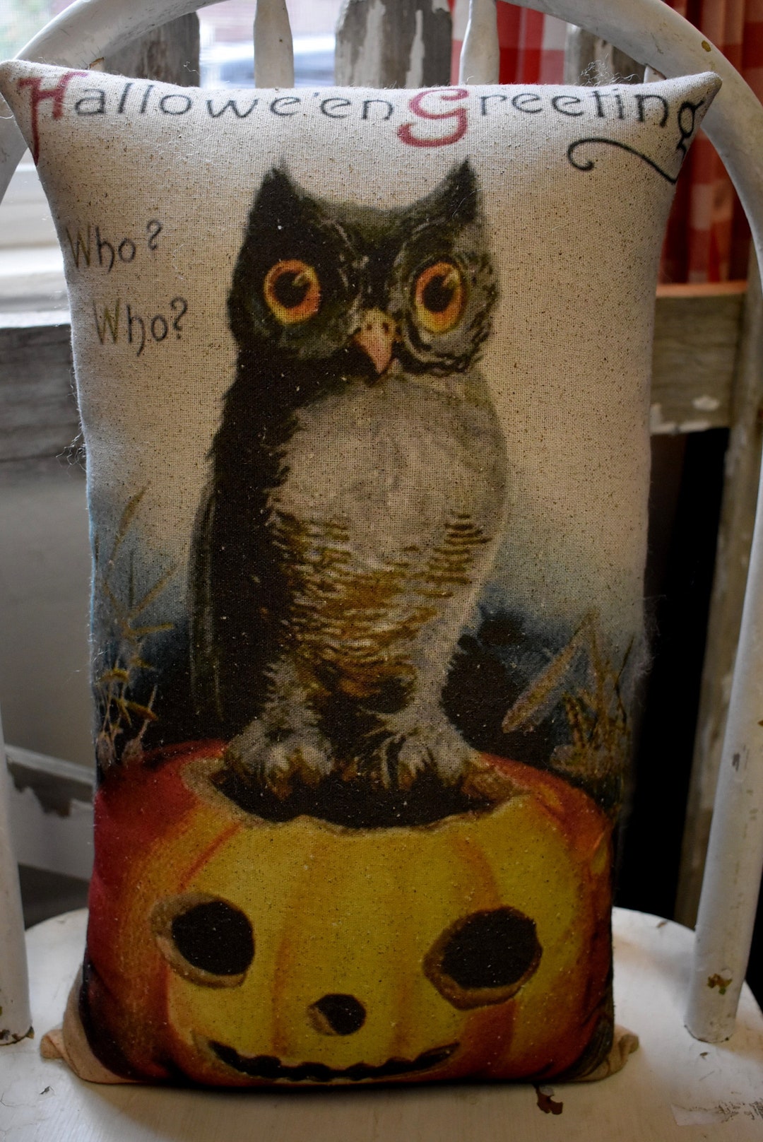 Who Who Pillow Happy Halloween Vintage Old World Jack O Lantern Owl ...