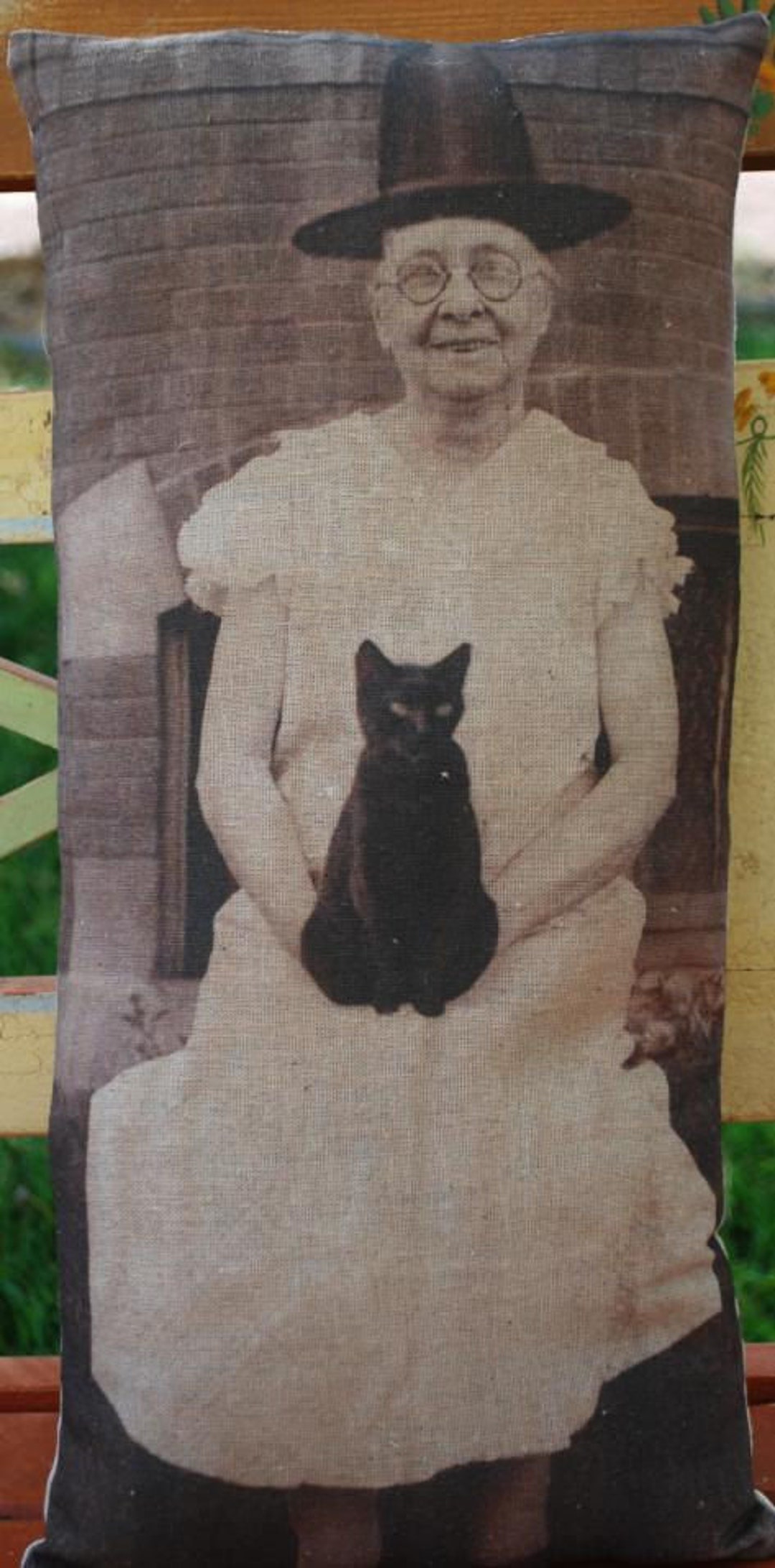Halloween Old Witch and Her Black Cat Throw Pillow Early Altered Art ...