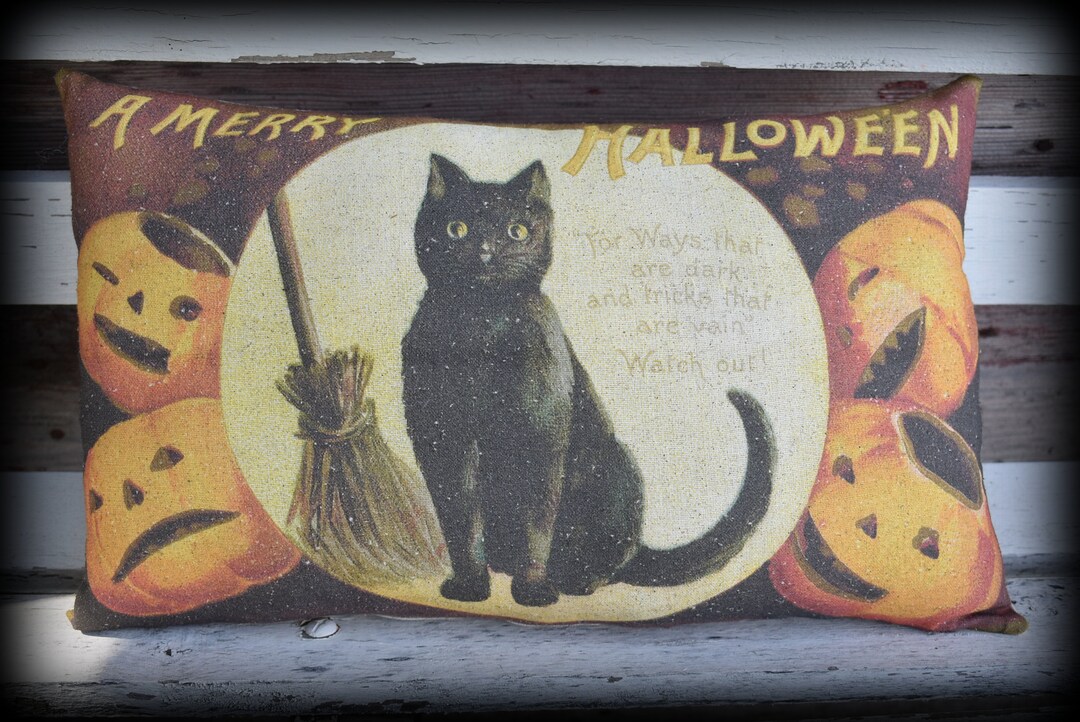 Vintage Jack O Lantern Pumpkin HALLOWEEN Black Cat Broom Throw Pillow ...