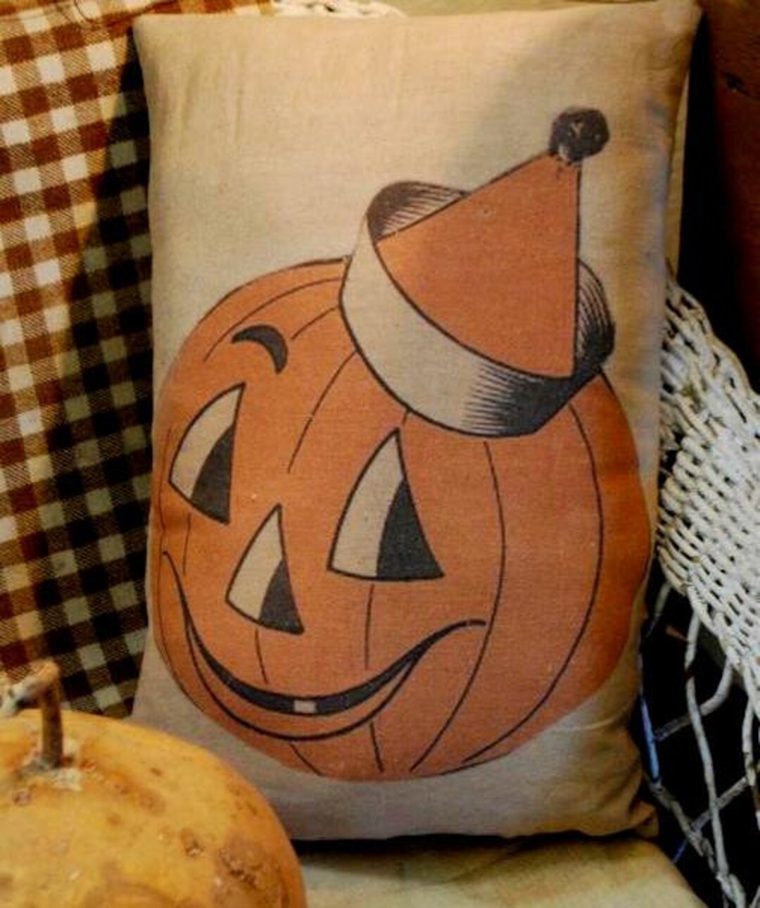 Vintage Smiling Jack O Lantern in Party Hat Pillow Old World Early ...