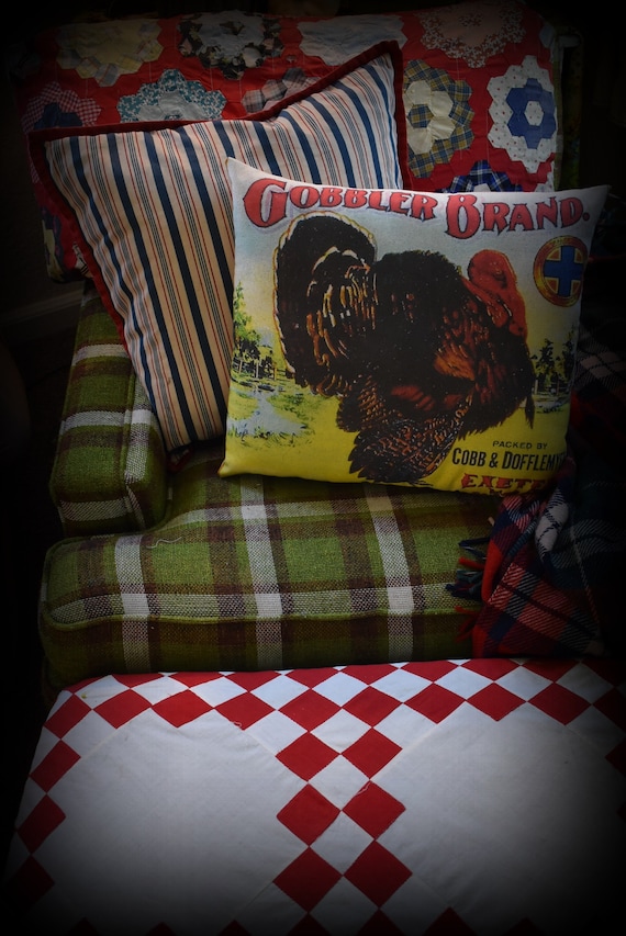 Farmhouse vintage bright Gobbler Brand Thanksgiving day dinner Turkey throw pillow label