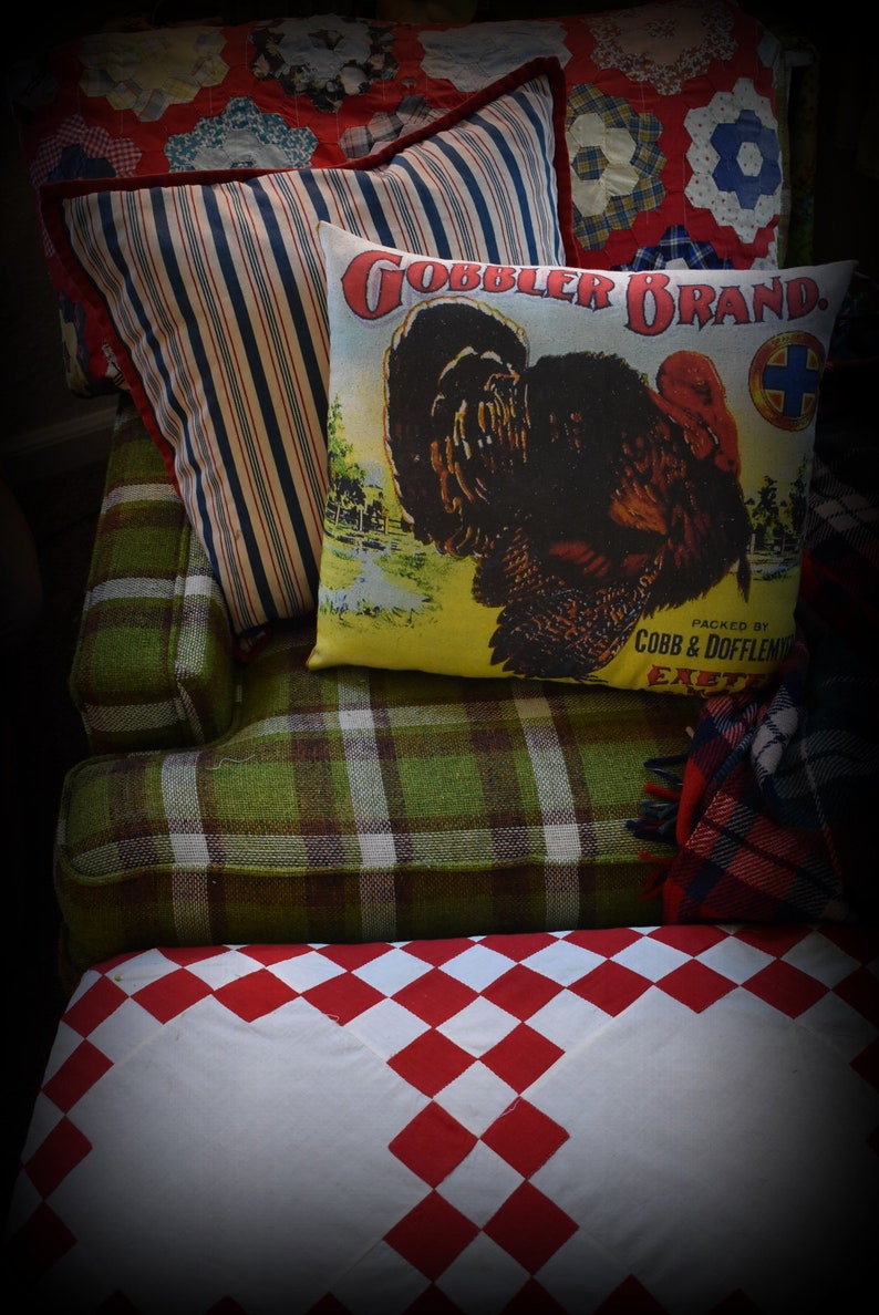 May include: A green plaid couch with a red and white checkered cushion. Two pillows are on the couch, one with a striped pattern and the other with a vintage advertisement for "Gobbler Brand" turkey.