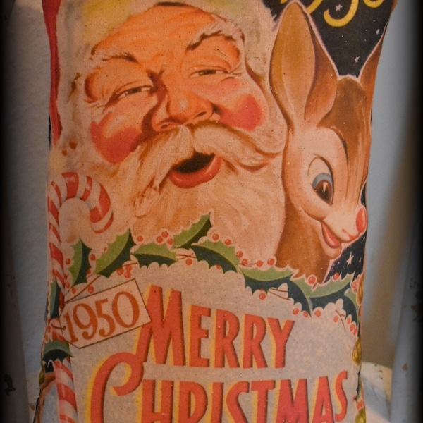 retro farmhouse Christmas old world Santa Claus decorative throw pillow 1950s 50s mcm toy catalog cover