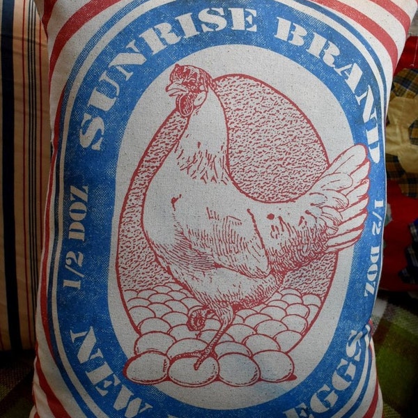 farmhouse chicken feed advertisement poultry food laying hens eggs old antique vintage sign bag decorative throw pillow farm girl