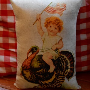Happy holiday Thanksgiving antique girl with American flag patriotic riding a turkey throw pillow image 1