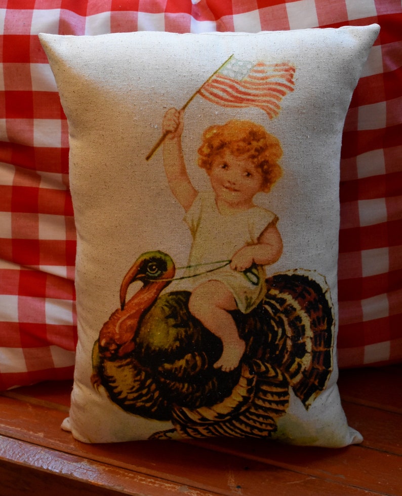 Happy holiday Thanksgiving antique girl with American flag patriotic riding a turkey throw pillow image 1
