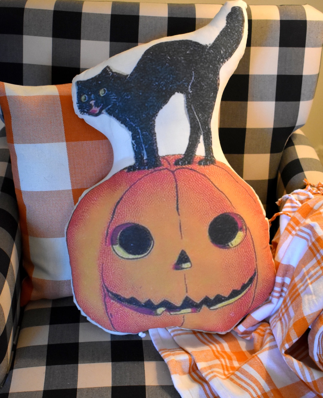Huge Vintage Halloween Black Cat on Jack O Lantern Pumpkin Pillow ...