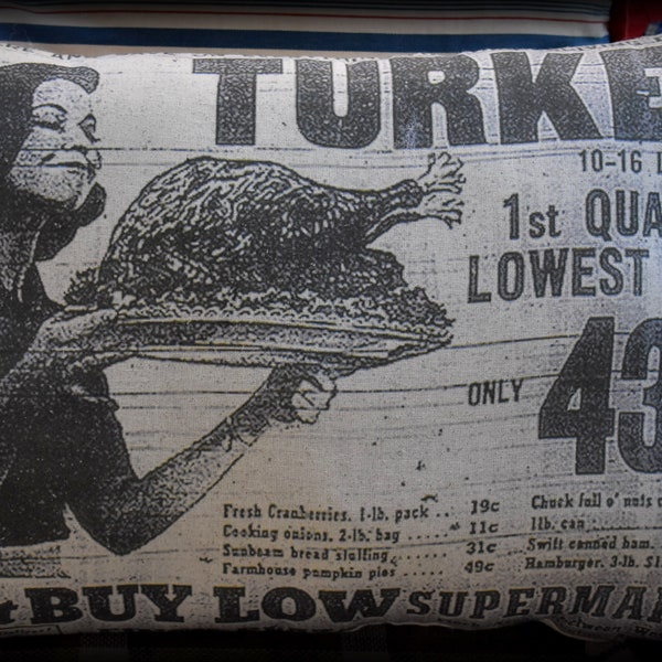 vintage Thanksgiving retro 50's 60's turkey dinner newspaper ad decorative throw pillow