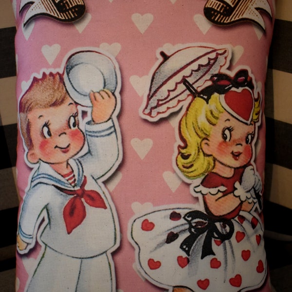 Valentines day vintage clip art sailor and girl love pillow pink hearts retro cartoon