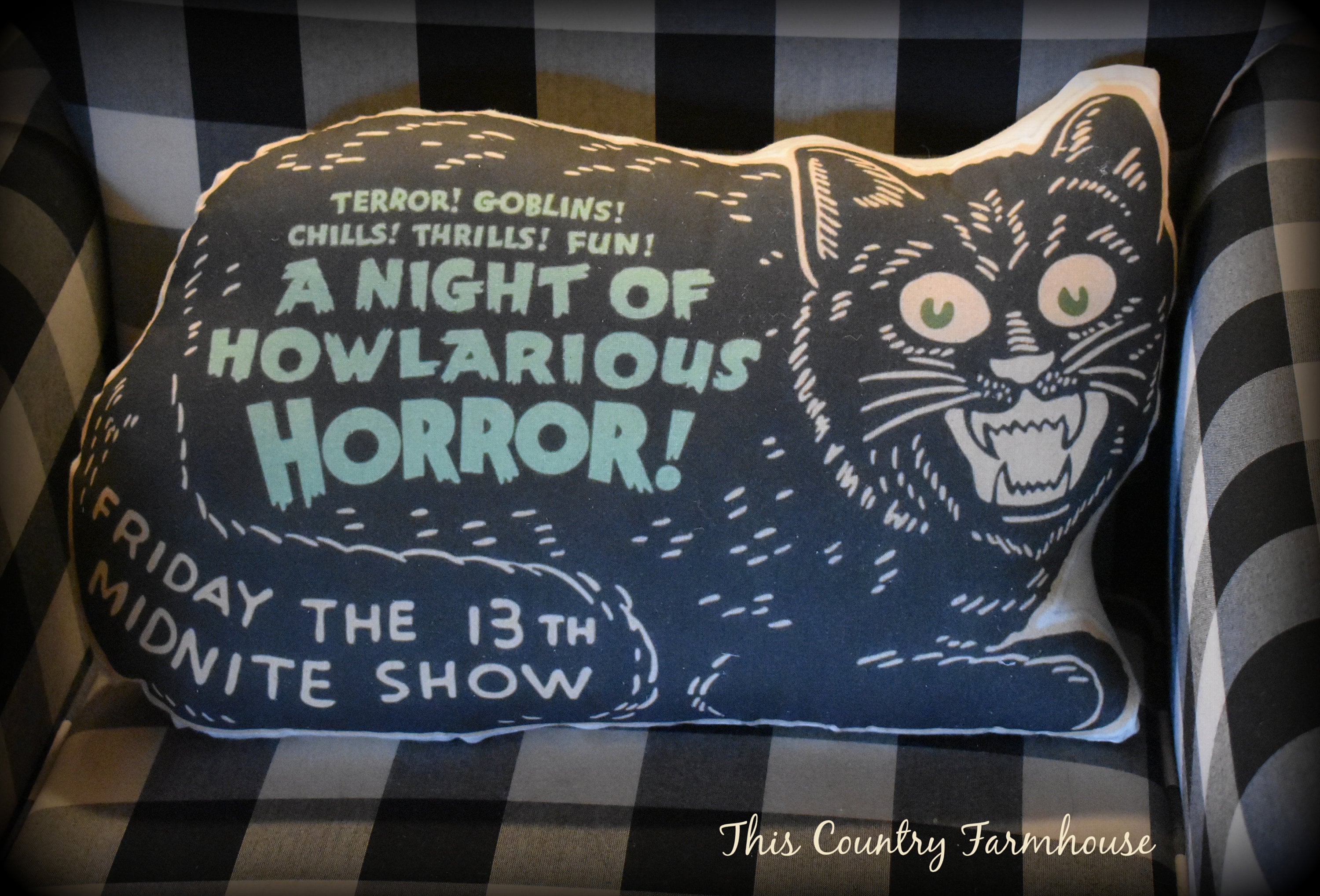 Halloween black cat sign night of horror midnight show throw pillow