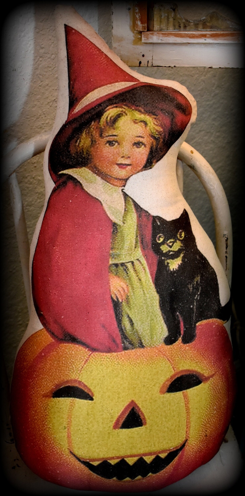 BIG Vintage Halloween Jack O Lantern Witch Black Cat Pillow Old World ...