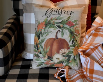 Gather wreath gourds pumpkin vine throw pillow harvest fall autumn porch bench welcome sign