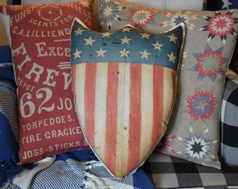SMALL Antique American Flag patriotic Early distressed shield AMAZING realistic pillow 4th of July Independence day decoration