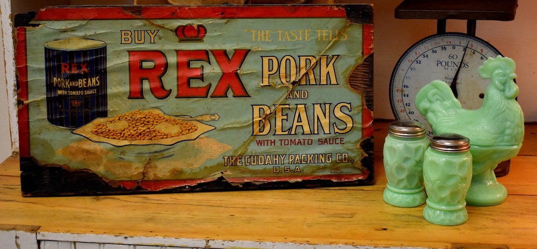 Antique Old Early Vintage Sign Rex Pork and Beans Advertisement Wooden ...