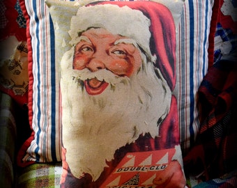 Vintage antique Christmas tinsel sign Santa Claus advertisement throw pillow