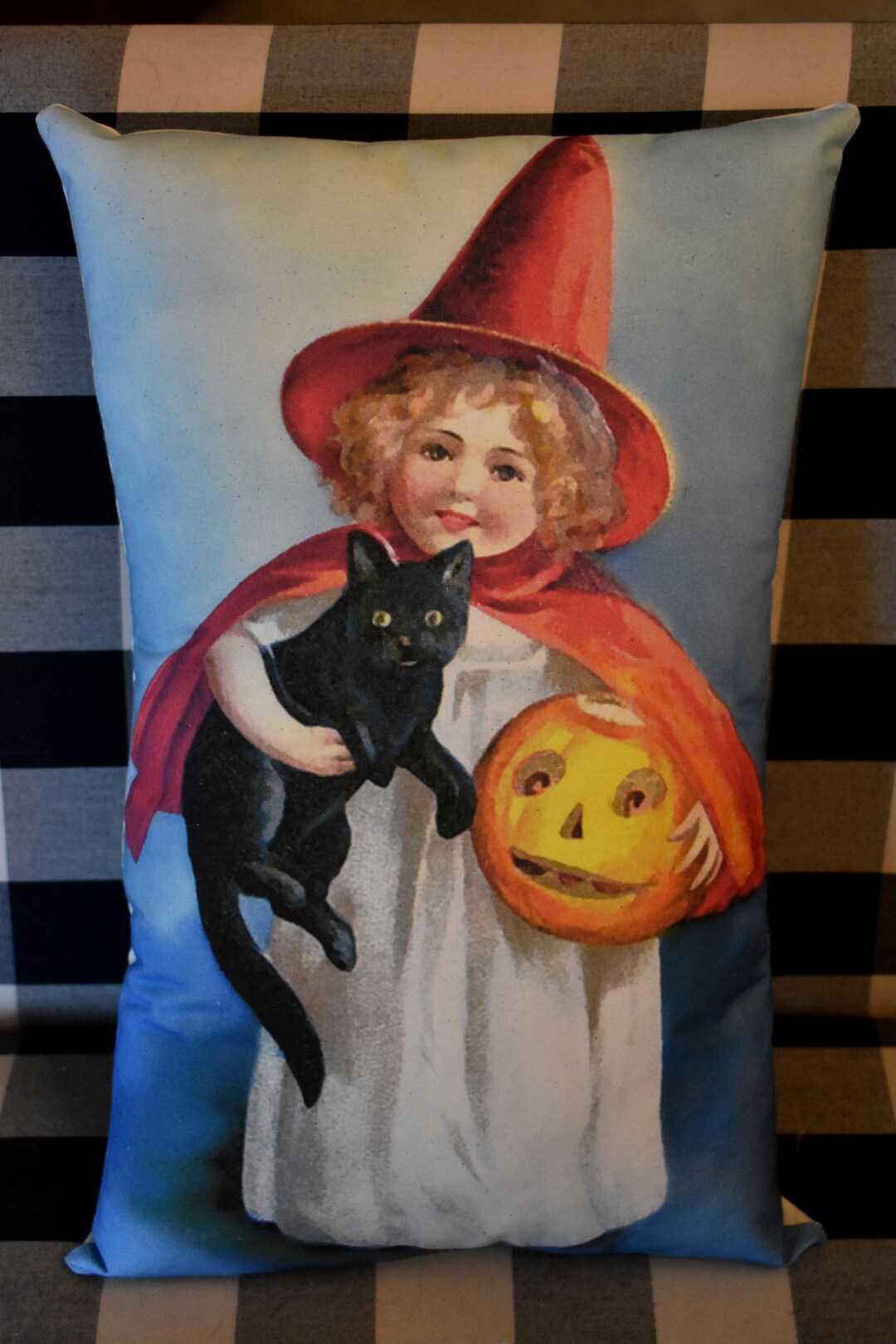 Bright Fun Witch With Black Cat and Jack O Lantern Pillow Vintage ...