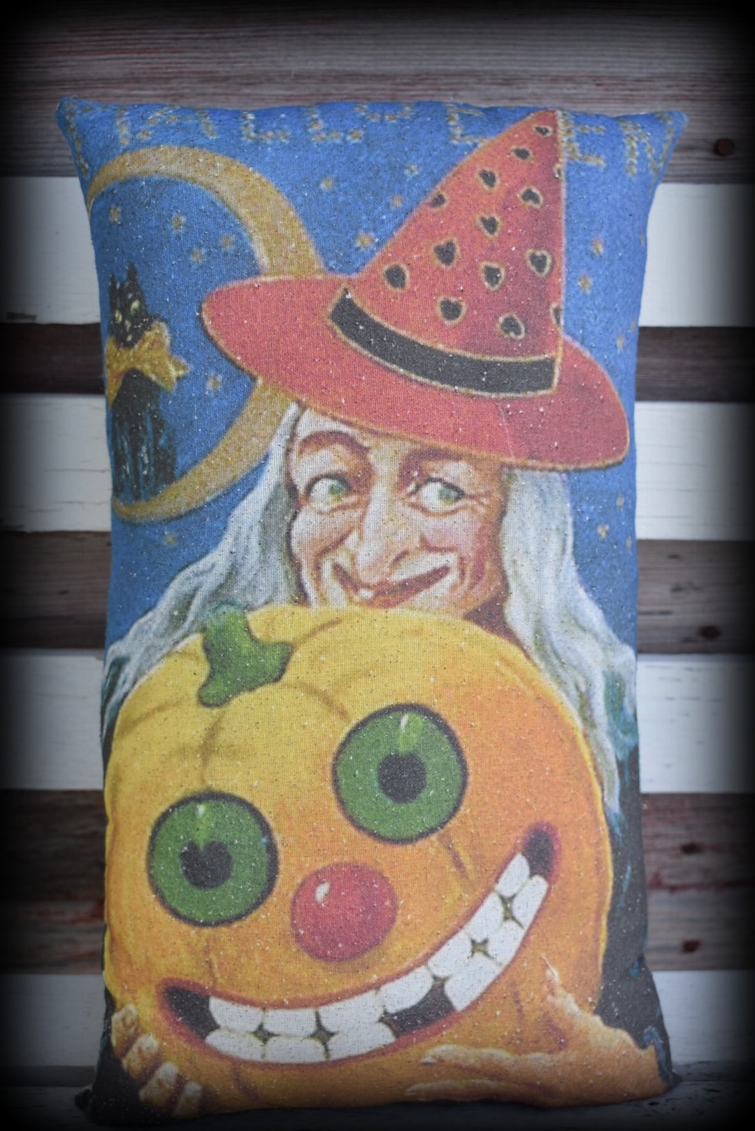 Vintage Witch Jack O Lantern Pumpkin Smiling Postcard Throw Pillow ...