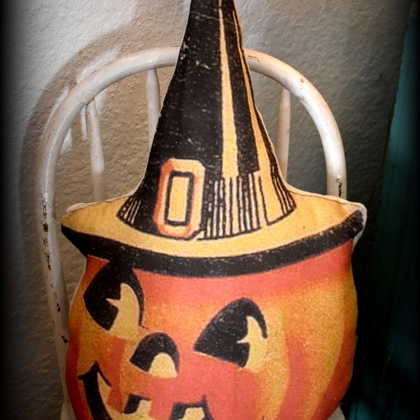 Grande lanterne Jack O d'Halloween vintage souriante dans un chapeau de sorcière, citrouille d'oreiller de style ancien, citrouille DARLING !