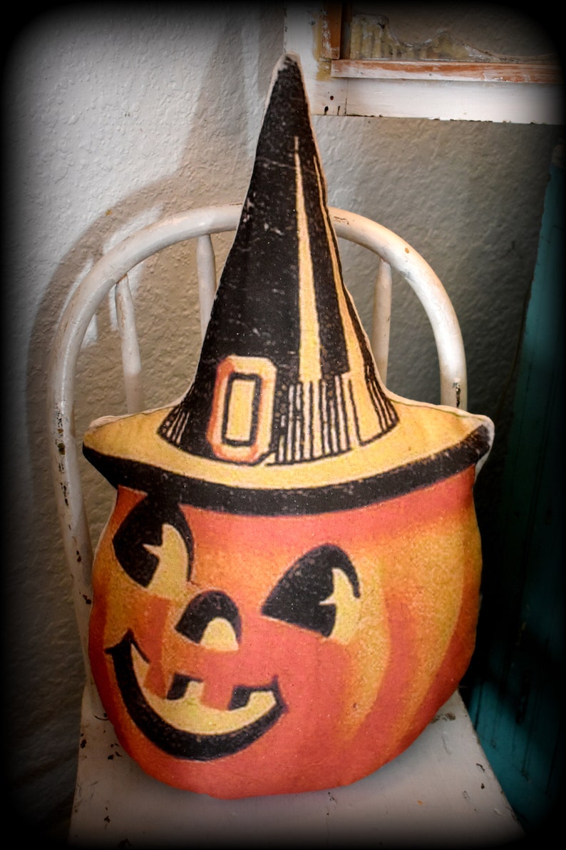 BIG Vintage Halloween Smiling Jack O Lantern in Witch Party Hat Pillow ...