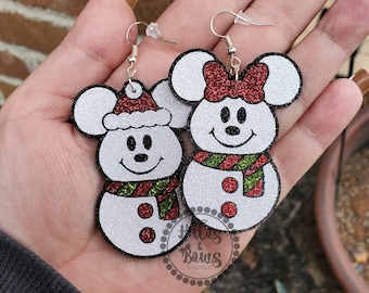 Snowman Mickey & Minnie Mouse Christmas Winter Lightweight Statement Earrings