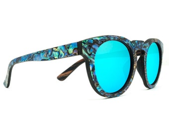 Personalized Abalone and Wood Sunglasses - Ebony Wood & Abalone Seashell - Mermaid - Ice Blue Polarized Lenses - Engraved Message