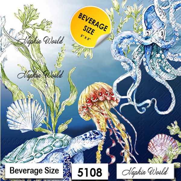 FREE SHIP - Two Paper ***BEVERAGE Size*** Decoupage Art Craft Napkins - (Design 5108)  Marine Life Ocean Sea Animals Sealife