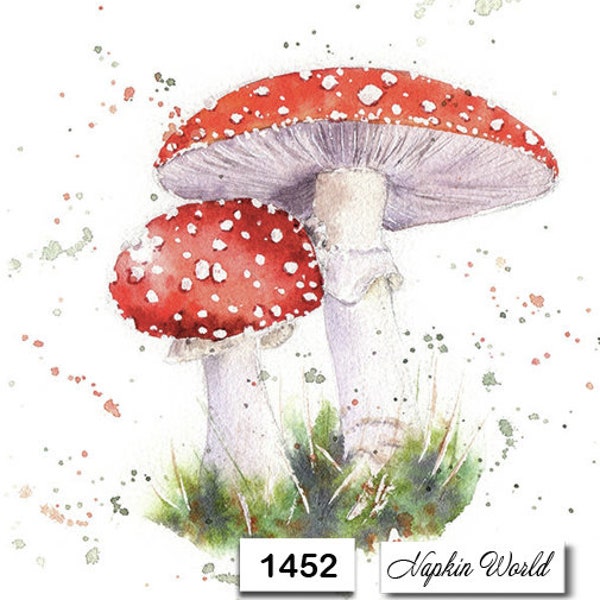 FREE SHIP - Two Paper Luncheon Decoupage Art Craft Napkins - (Design 1452)  MUSHROOMS Red Cap Fly Agaric Amanita Muscaria