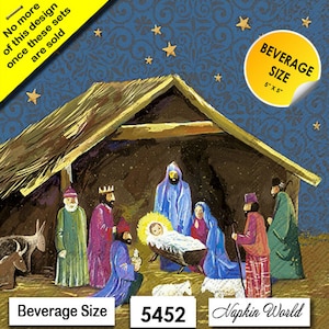 FREE SHIP - Two Paper ***BEVERAGE Size*** Decoupage Art Craft Napkins - (Design 5452) Christmas Nativity Jesus Mary Joseph 3 Kings Stable