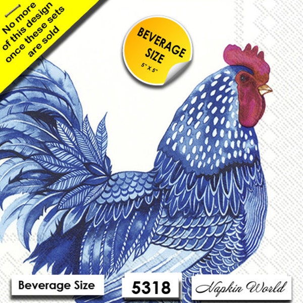 FREE SHIP - Two Paper ***BEVERAGE Size*** Decoupage Art Craft Napkins - (Design 5318) Blue Rooster Chicken Cockerel Bird