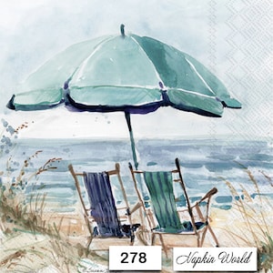 FREE SHIP - Two Paper Luncheon Decoupage Art Craft Napkins - (Design 278) BEACH Chairs Umbrella Shore Ocean Sand Relaxation Summer