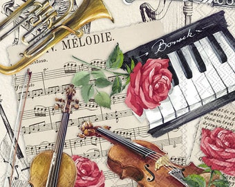 FREE SHIP - Two Paper Luncheon Decoupage Art Craft Napkins - (Design 1878) MUSIC Instruments Keyboard Violin Sheet Music French Horn Flute