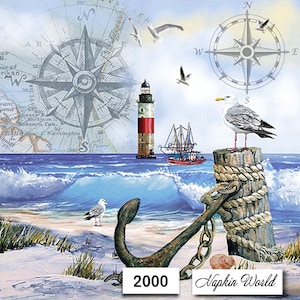 May include: A nautical themed napkin with a lighthouse, sailboat, anchor, seagulls, and a compass rose. The napkin has a blue and white background with a sandy beach in the foreground. The text "2000 Napkin World" is printed on the napkin.