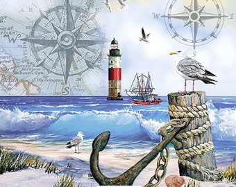 FREE SHIP - Two Paper Luncheon Decoupage Art Craft Napkins - (Design 2000) NAUTICAL Scene Ocean Sea Lighthouse Beach Waves Anchor Compass