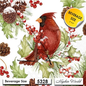FREE SHIP - Two Paper ***BEVERAGE size*** Decoupage Art Craft Napkins - (Design 5328) Christmas Red Cardinal Bird Holly Berries Pinecones