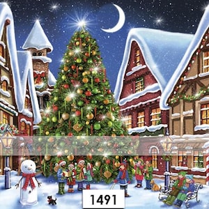 May include: A snowy Christmas village scene with a large decorated Christmas tree in the center. The village is lit up with twinkling lights and there are carolers singing in front of the tree. The text "1491" is visible in the bottom center of the image.
