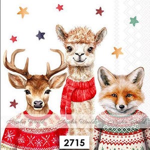 May include: Watercolor illustration of a deer, llama, and fox wearing festive sweaters and scarves. The deer has large antlers, the llama a red scarf, and the fox a patterned sweater. Colorful star accents complete the design.