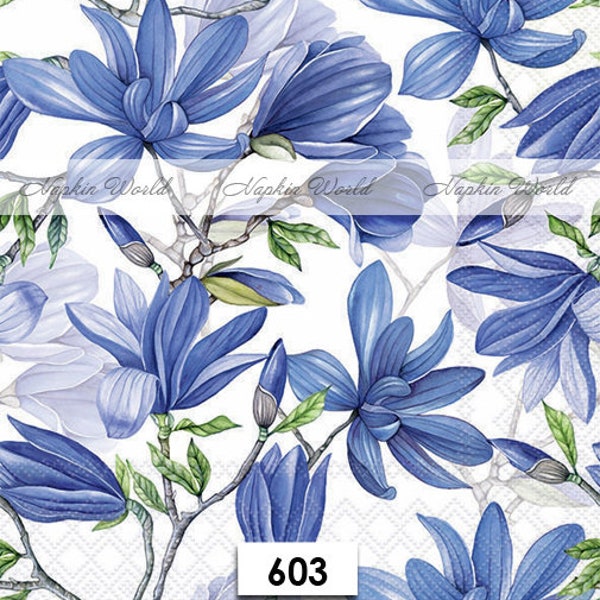 FREE SHIP - Two Paper Luncheon Decoupage Art Craft Napkins - (Design 603) Blue MAGNOLIA Blooms Blossoms