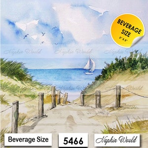 May include: A watercolor painting of a sandy beach with a wooden fence leading to the ocean. A sailboat is in the distance. The painting is titled "Napkin World" and has the number "5466" printed below it. The text "Beverage Size" is printed below the painting.