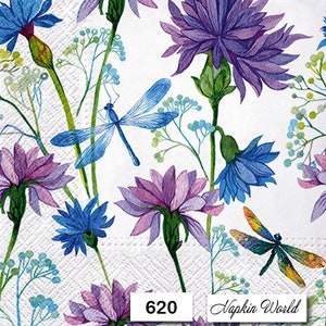 FREE SHIP - Two Paper Luncheon Decoupage Art Craft Napkins - (Design 620) DRAGONFLIES Dragonfly Flowers Insects
