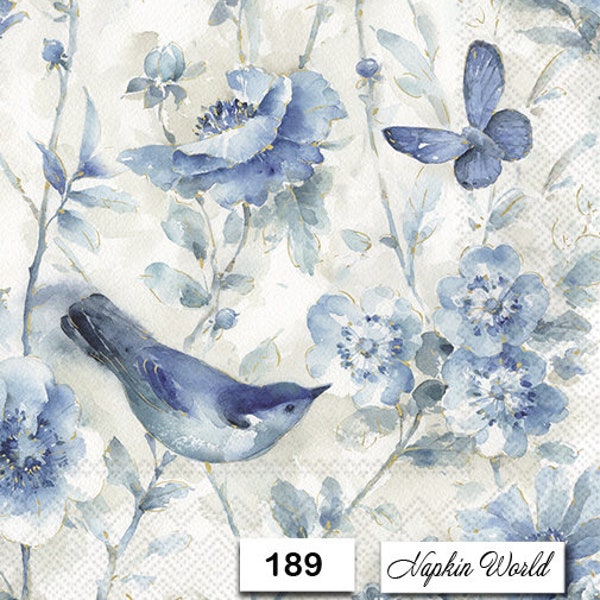 FREE SHIP - Two Paper Luncheon Decoupage Art Craft Napkins - (Design 189) BIRD Blue Cream Flowers Butterfly Vintage