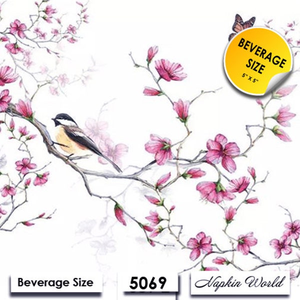 FREE SHIP - Two Paper ***BEVERAGE size*** Decoupage Art Craft Napkins - (Design 5069) Bird in Cherry Blossom Tree Butterfly Spring Pink