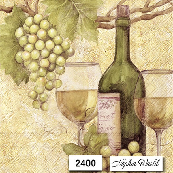 FREE SHIP - Two Paper Luncheon Decoupage Art Craft Napkins - (Design 2400) White WINE Grapes Glasses Bottle Drink Alcohol