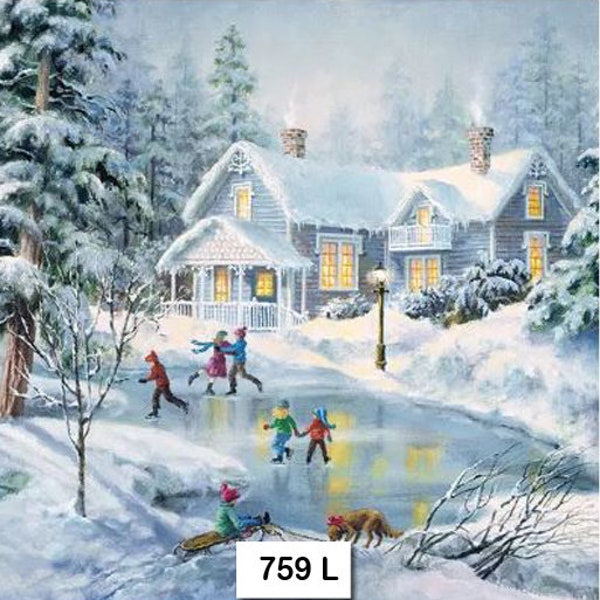 FREE SHIP - Two Paper Luncheon Decoupage Art Craft Napkins - (Design 759)  Ice SKATING Winter Pond Snow Home Cottage People Children Fun