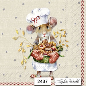 May include: A cute cartoon mouse wearing a white chef's hat and holding a pot full of pastries. The mouse is surrounded by wheat stalks and has a red and white checkered apron. The image has a light brown background with a red and white checkered border.