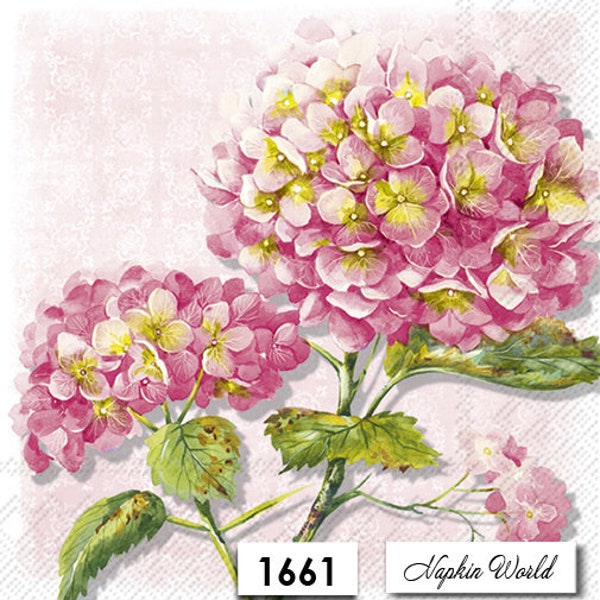 FREE SHIP - Two Paper Luncheon Decoupage Art Craft Napkins - (Design 1661) Pink HYDRANGEA Bloom Blossom Shrub Bush Flower