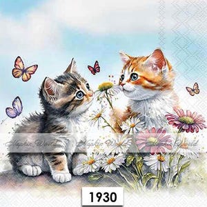 May include: Two adorable kittens, one brown tabby and one orange tabby, are sniffing flowers. The kittens are surrounded by white daisies and pink flowers. The background is a light blue sky with white clouds. The image has the number 1930 printed at the bottom.