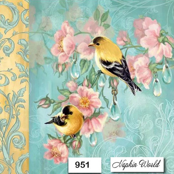 FREE SHIP - Two Paper Luncheon Decoupage Art Craft Napkins - (Design 951)  BIRDS Goldfinch Wild Roses Flowers